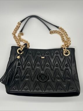 VALENTINO BY MARIO VALENTINO Quilted Tote Bag Black Gold Authentic